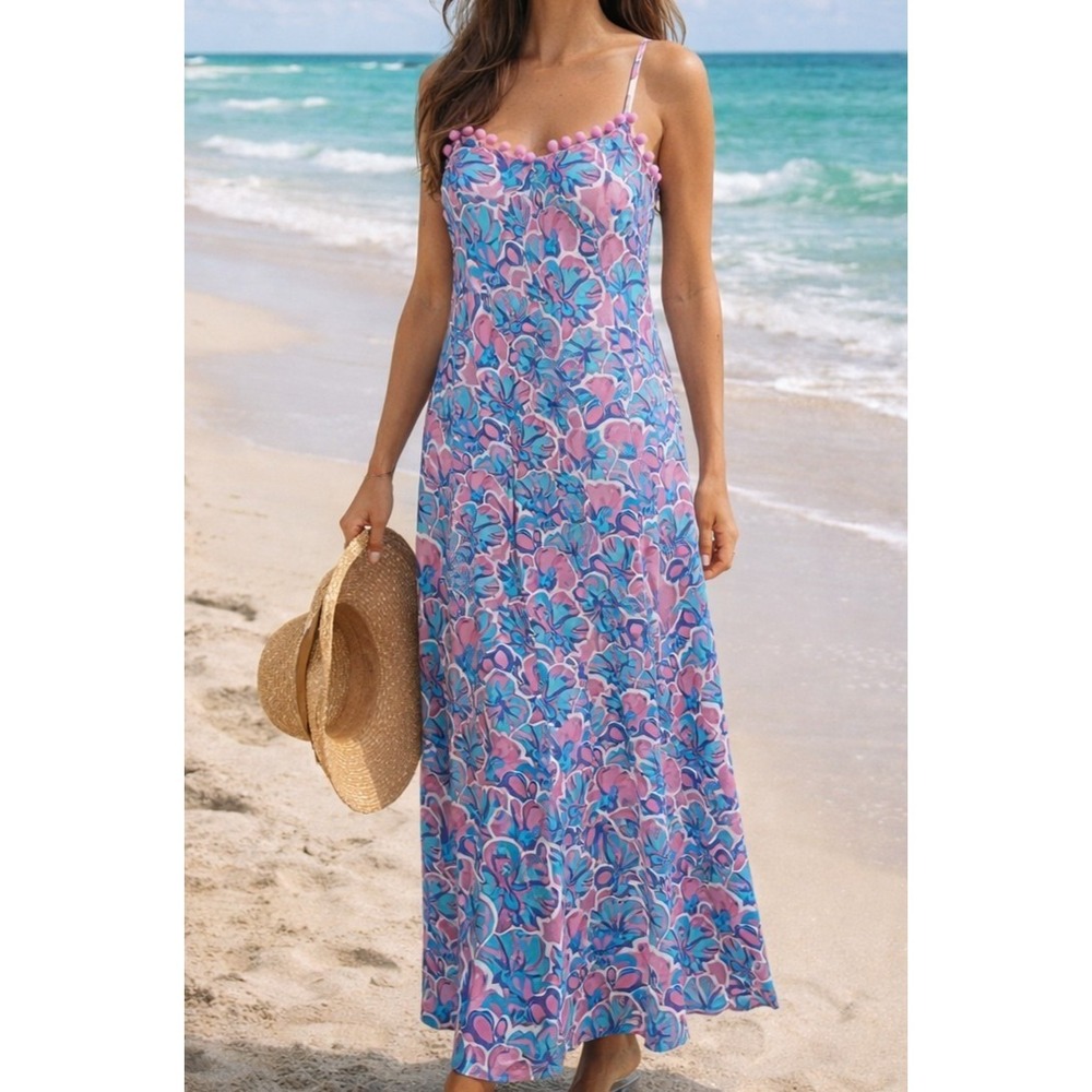 Simply Southern Women Maxi Sundress Blue Pink Floral SZ S Pom Pom Beach Resort‎